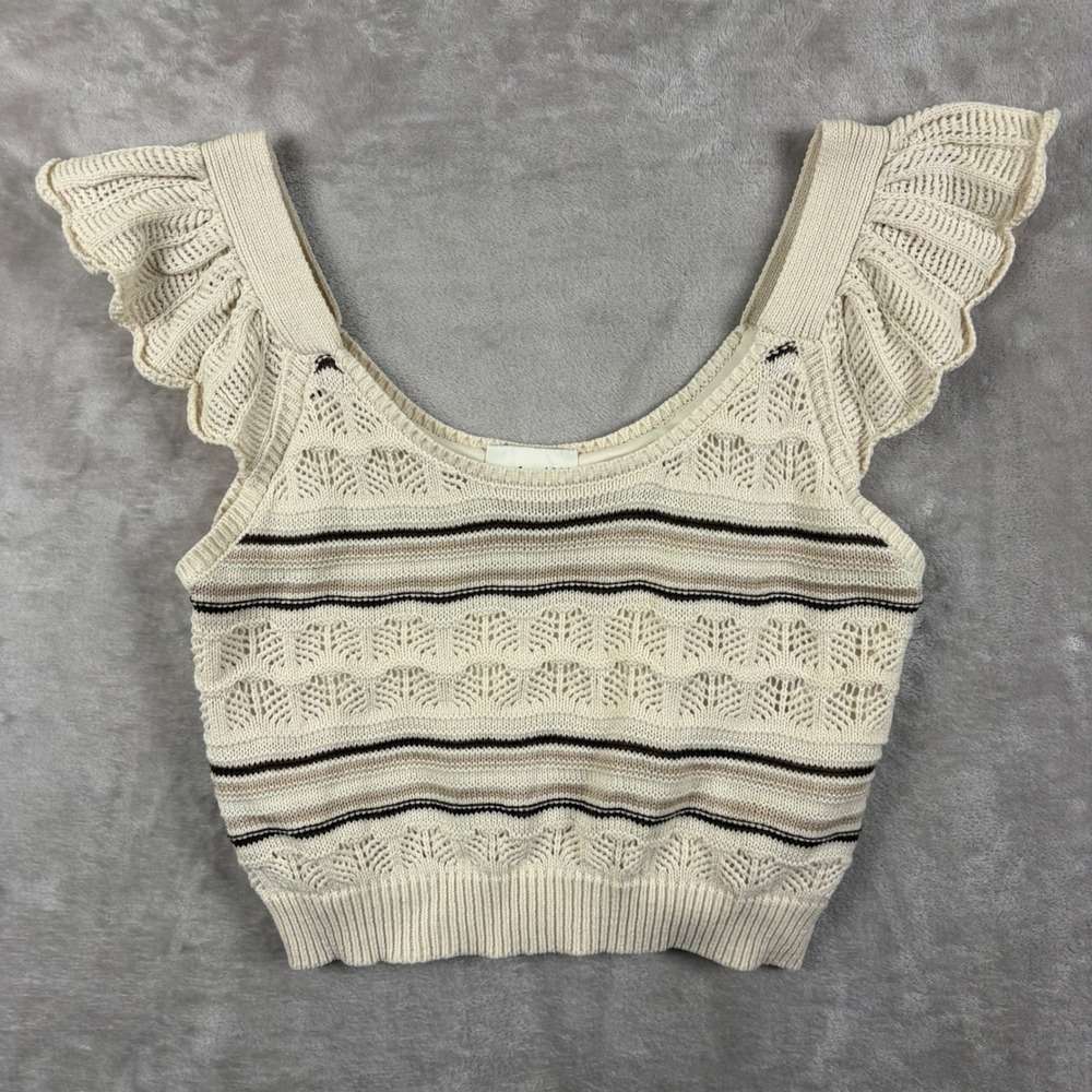 Freshman 1996 Women Cream Striped Pointelle Knit Ruffle Sleeve Crop Top M Boho